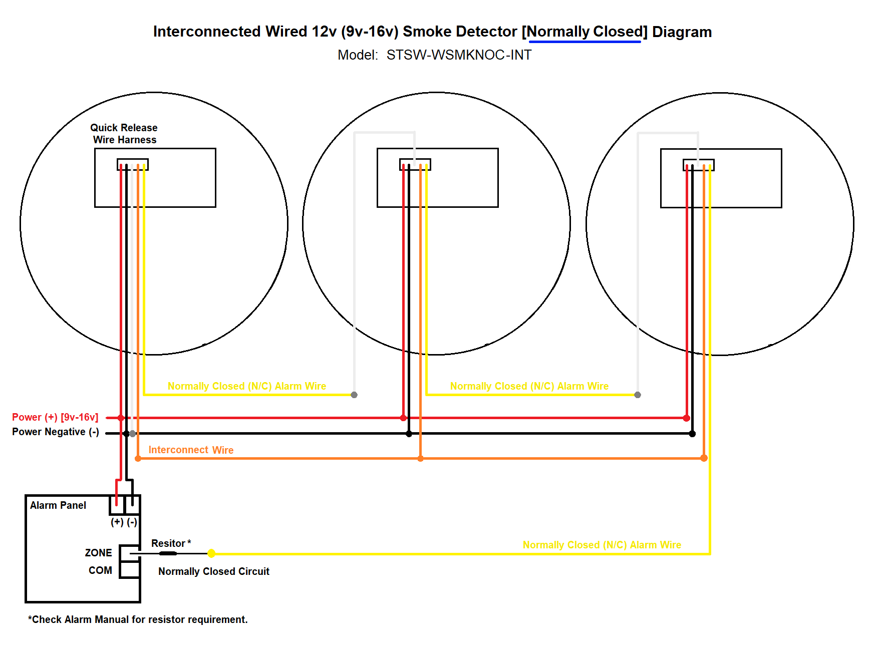 12v WIRED INTERCONNECTED SMOKE DETECTOR - NORMALLY CLOSED N/C for Alarm System