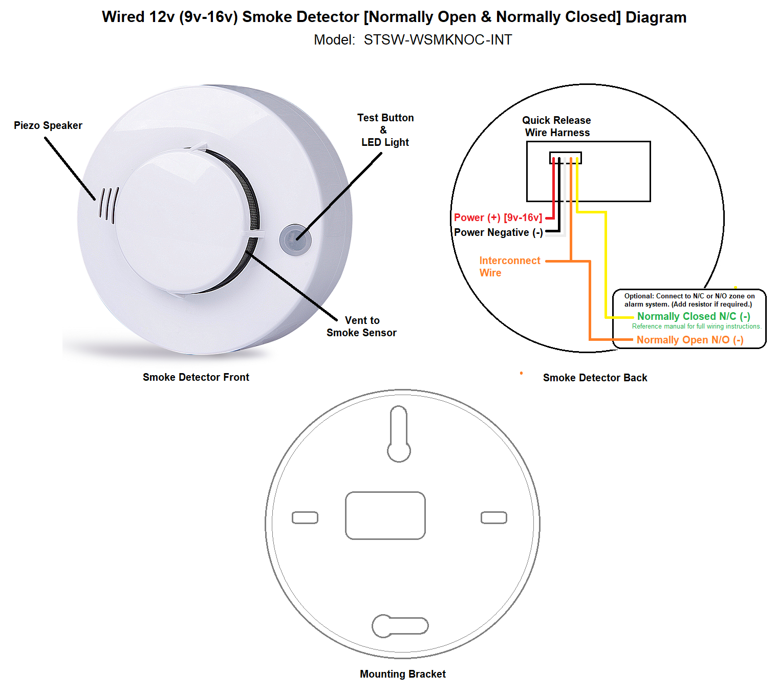 STSW-WSMKNOC-INT Wired Interconnect Interlink 12-Volt Smoke Detector Diagram for Alarm System